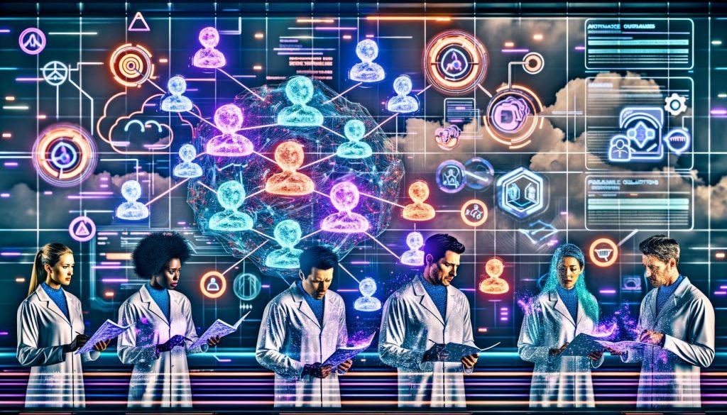 Futuristische Illustration eines diversen Forschungsteams, das mit Scholar‑AI vernetzte Displays zu Datenpipelines, 3D‑Wissensgraphen und leuchtenden DOI/ORCID‑Knoten analysiert; transparente Ebenen zeigen Embeddings und Vektordatenbanken, Dashboards KPIs und Retrieval‑Scores; im Hintergrund Airflow‑Orchestrierung, Container sowie Visualisierungen zu Literatur‑Parsing, Chunking und Zitierung; Symbole für GDPR, Lizenzen, Bias‑Audit und sichere Cloud‑Infrastruktur.