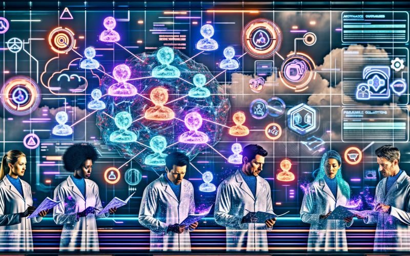 Futuristische Illustration eines diversen Forschungsteams, das mit Scholar‑AI vernetzte Displays zu Datenpipelines, 3D‑Wissensgraphen und leuchtenden DOI/ORCID‑Knoten analysiert; transparente Ebenen zeigen Embeddings und Vektordatenbanken, Dashboards KPIs und Retrieval‑Scores; im Hintergrund Airflow‑Orchestrierung, Container sowie Visualisierungen zu Literatur‑Parsing, Chunking und Zitierung; Symbole für GDPR, Lizenzen, Bias‑Audit und sichere Cloud‑Infrastruktur.