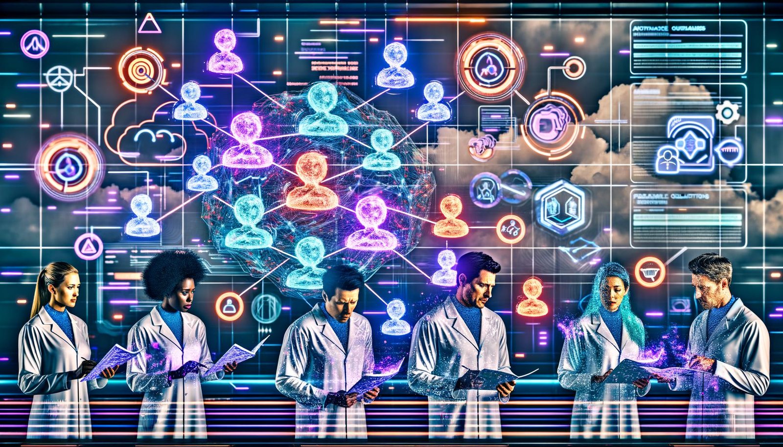 Futuristische Illustration eines diversen Forschungsteams, das mit Scholar‑AI vernetzte Displays zu Datenpipelines, 3D‑Wissensgraphen und leuchtenden DOI/ORCID‑Knoten analysiert; transparente Ebenen zeigen Embeddings und Vektordatenbanken, Dashboards KPIs und Retrieval‑Scores; im Hintergrund Airflow‑Orchestrierung, Container sowie Visualisierungen zu Literatur‑Parsing, Chunking und Zitierung; Symbole für GDPR, Lizenzen, Bias‑Audit und sichere Cloud‑Infrastruktur.