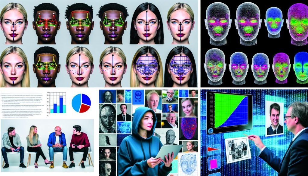 Sechsteilige Collage zum Einsatz von Face-Rating-KI im Marketing: zentral ein Bildschirm mit Software, die diverse Gesichter mit Scores zu Attention, Ästhetik und Trustworthiness zeigt; farbige Landmark-Punkte an Augen, Nase und Lippen; vorn diskutieren Datenwissenschaftler mit Kreativer vor einem Moodboard mit Werbefotos und KPIs; hinten Binärmatrix, abstrahierte Transformer-Netze und Score-Kurve; am Rand DSGVO-Siegel, Datenschutzschloss und mobiles Edge-Gerät am Set.