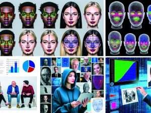 Sechsteilige Collage zum Einsatz von Face-Rating-KI im Marketing: zentral ein Bildschirm mit Software, die diverse Gesichter mit Scores zu Attention, Ästhetik und Trustworthiness zeigt; farbige Landmark-Punkte an Augen, Nase und Lippen; vorn diskutieren Datenwissenschaftler mit Kreativer vor einem Moodboard mit Werbefotos und KPIs; hinten Binärmatrix, abstrahierte Transformer-Netze und Score-Kurve; am Rand DSGVO-Siegel, Datenschutzschloss und mobiles Edge-Gerät am Set.