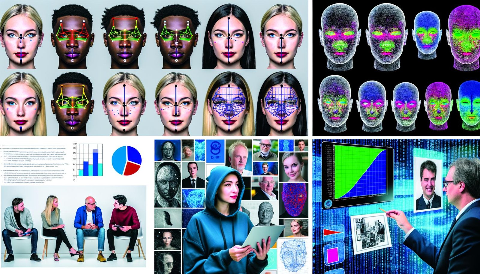 Sechsteilige Collage zum Einsatz von Face-Rating-KI im Marketing: zentral ein Bildschirm mit Software, die diverse Gesichter mit Scores zu Attention, Ästhetik und Trustworthiness zeigt; farbige Landmark-Punkte an Augen, Nase und Lippen; vorn diskutieren Datenwissenschaftler mit Kreativer vor einem Moodboard mit Werbefotos und KPIs; hinten Binärmatrix, abstrahierte Transformer-Netze und Score-Kurve; am Rand DSGVO-Siegel, Datenschutzschloss und mobiles Edge-Gerät am Set.