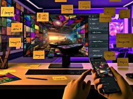 Eleganter, moderner Digital-Workspace mit großem Monitor, der ein farbintensives, KI-generiertes Bildraster zeigt; im Vordergrund hält eine Hand ein Smartphone mit der Discord-Oberfläche, Midjourney-Bot und /imagine-Dialog. Auf dem Schreibtisch liegen Haftnotizen mit Prompts wie --ar 16:9 und --stylize 100, Skizzen zu Prompt-Strukturen und eine Toolliste (Stable Diffusion, DALL·E, Leonardo, Ideogram). Atmosphärisches Licht, Fokus auf workfloworientierte KI-Bilderstellung, ohne sichtbare Personen.