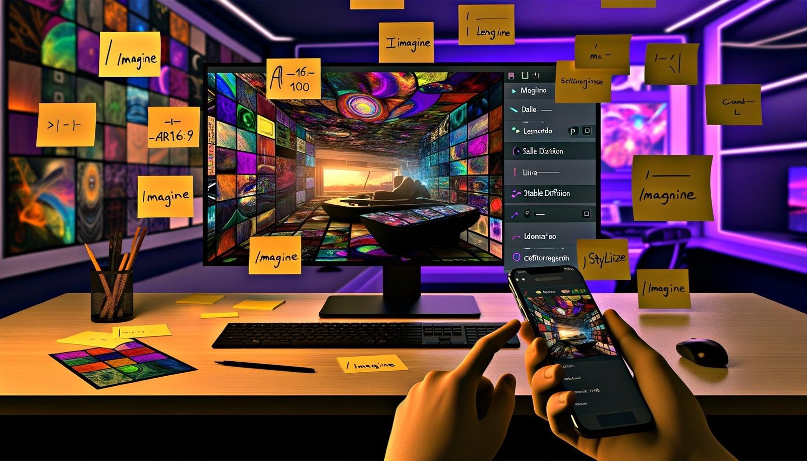 Eleganter, moderner Digital-Workspace mit großem Monitor, der ein farbintensives, KI-generiertes Bildraster zeigt; im Vordergrund hält eine Hand ein Smartphone mit der Discord-Oberfläche, Midjourney-Bot und /imagine-Dialog. Auf dem Schreibtisch liegen Haftnotizen mit Prompts wie --ar 16:9 und --stylize 100, Skizzen zu Prompt-Strukturen und eine Toolliste (Stable Diffusion, DALL·E, Leonardo, Ideogram). Atmosphärisches Licht, Fokus auf workfloworientierte KI-Bilderstellung, ohne sichtbare Personen.