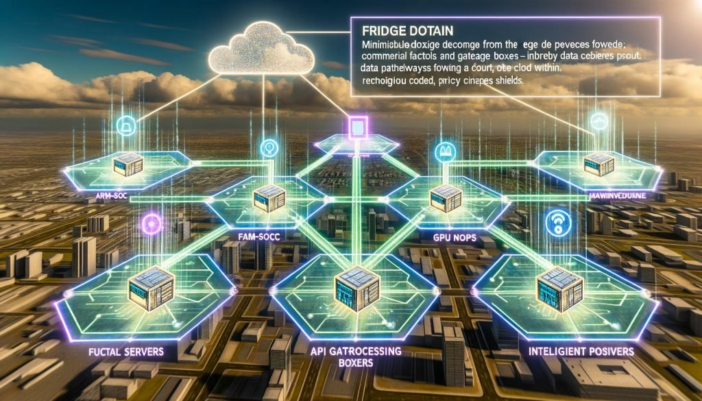 Futuristische Edge-Computing-Szene am Stadtrand: robuste Mini-Server an Fabrik, Retail, Lampenmasten und Fahrzeugen; Datenströme zu NPU-Boxen mit ultra-niedriger Latenz, P99-Dashboards, Sicherheits- und Privacy-Symbole, Cloud im Hintergrund.