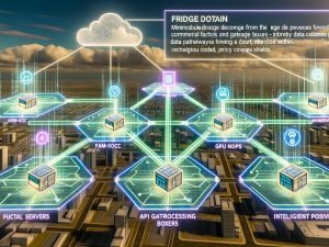 Futuristische Edge-Computing-Szene am Stadtrand: robuste Mini-Server an Fabrik, Retail, Lampenmasten und Fahrzeugen; Datenströme zu NPU-Boxen mit ultra-niedriger Latenz, P99-Dashboards, Sicherheits- und Privacy-Symbole, Cloud im Hintergrund.