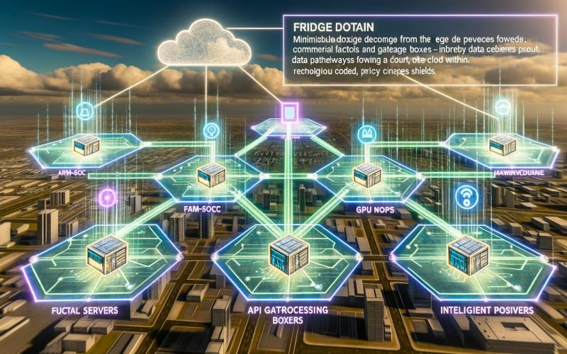 Futuristische Edge-Computing-Szene am Stadtrand: robuste Mini-Server an Fabrik, Retail, Lampenmasten und Fahrzeugen; Datenströme zu NPU-Boxen mit ultra-niedriger Latenz, P99-Dashboards, Sicherheits- und Privacy-Symbole, Cloud im Hintergrund.