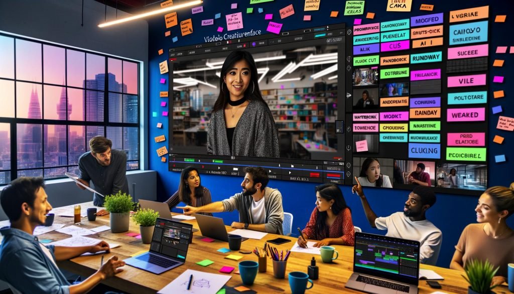 Diverse Kreative arbeiten vor großem Screen mit KI‑Video‑Generator; junge Frau skizziert Storyboards am Tablet; Shotlists mit Kamerapfaden, Prompts und Negativ‑Tokens; Notizzettel „Prompt‑Engineering“ und „Watermark Workarounds“; Logos von CapCut, Canva, Runway, Pika und Luma sichtbar; Wasserzeichen auf generierten Clips.