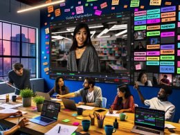 Diverse Kreative arbeiten vor großem Screen mit KI‑Video‑Generator; junge Frau skizziert Storyboards am Tablet; Shotlists mit Kamerapfaden, Prompts und Negativ‑Tokens; Notizzettel „Prompt‑Engineering“ und „Watermark Workarounds“; Logos von CapCut, Canva, Runway, Pika und Luma sichtbar; Wasserzeichen auf generierten Clips.