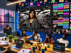 Diverse Kreative arbeiten vor großem Screen mit KI‑Video‑Generator; junge Frau skizziert Storyboards am Tablet; Shotlists mit Kamerapfaden, Prompts und Negativ‑Tokens; Notizzettel „Prompt‑Engineering“ und „Watermark Workarounds“; Logos von CapCut, Canva, Runway, Pika und Luma sichtbar; Wasserzeichen auf generierten Clips.