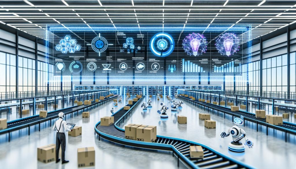 Futuristisches Amazon-Fulfillment-Center mit autonomen Robotern, Fördertechnik, KI-Dashboards zu dynamischen Preisen, Empfehlungen und Datenflüssen zwischen Werbung, Suche und Logistik.
