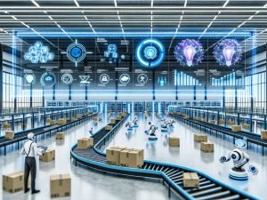 Futuristisches Amazon-Fulfillment-Center mit autonomen Robotern, Fördertechnik, KI-Dashboards zu dynamischen Preisen, Empfehlungen und Datenflüssen zwischen Werbung, Suche und Logistik.