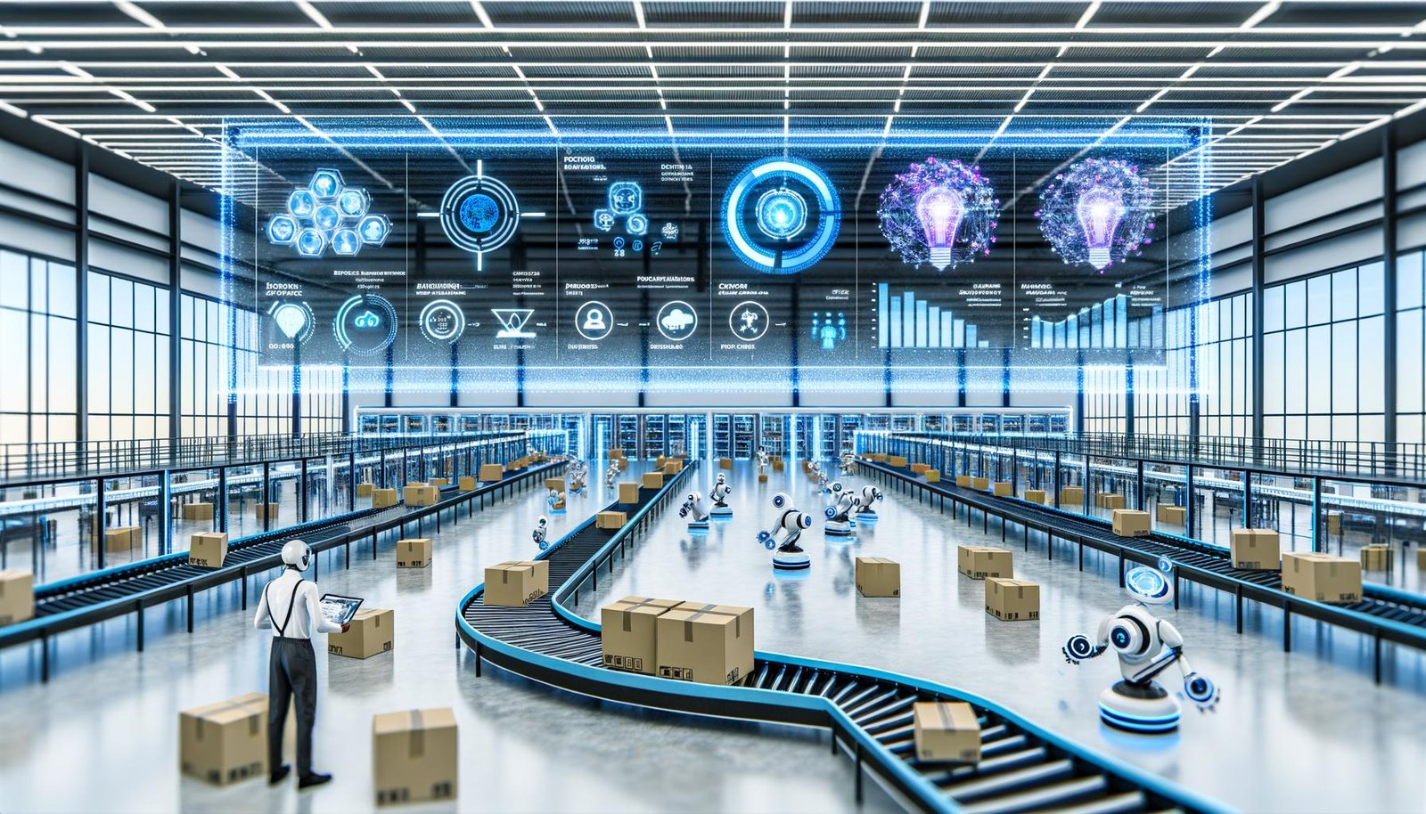 Futuristisches Amazon-Fulfillment-Center mit autonomen Robotern, Fördertechnik, KI-Dashboards zu dynamischen Preisen, Empfehlungen und Datenflüssen zwischen Werbung, Suche und Logistik.