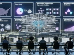 Moderner KI-Kontrollraum mit transparenten Screens: Diagramme zu neuronalen Netzen, Knowledge Graphs, KPIs und Compliance-Checklisten. Ingenieurteam arbeitet an modularer Architektur mit World Model, RAG und Agenten; Observability-Dashboards zu Latenz, Kosten, Genauigkeit; GPUs, Edge-Geräte; EU AI Act und DSGVO-Badges.