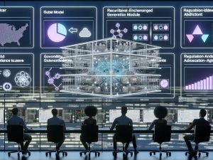 Moderner KI-Kontrollraum mit transparenten Screens: Diagramme zu neuronalen Netzen, Knowledge Graphs, KPIs und Compliance-Checklisten. Ingenieurteam arbeitet an modularer Architektur mit World Model, RAG und Agenten; Observability-Dashboards zu Latenz, Kosten, Genauigkeit; GPUs, Edge-Geräte; EU AI Act und DSGVO-Badges.