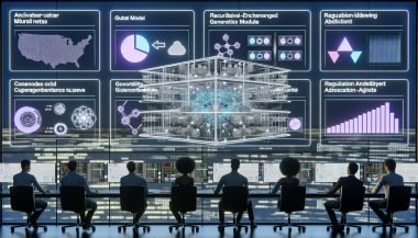 Moderner KI-Kontrollraum mit transparenten Screens: Diagramme zu neuronalen Netzen, Knowledge Graphs, KPIs und Compliance-Checklisten. Ingenieurteam arbeitet an modularer Architektur mit World Model, RAG und Agenten; Observability-Dashboards zu Latenz, Kosten, Genauigkeit; GPUs, Edge-Geräte; EU AI Act und DSGVO-Badges.