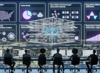 Moderner KI-Kontrollraum mit transparenten Screens: Diagramme zu neuronalen Netzen, Knowledge Graphs, KPIs und Compliance-Checklisten. Ingenieurteam arbeitet an modularer Architektur mit World Model, RAG und Agenten; Observability-Dashboards zu Latenz, Kosten, Genauigkeit; GPUs, Edge-Geräte; EU AI Act und DSGVO-Badges.