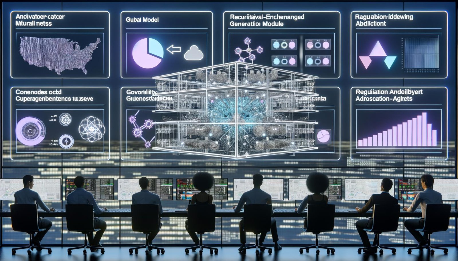 Moderner KI-Kontrollraum mit transparenten Screens: Diagramme zu neuronalen Netzen, Knowledge Graphs, KPIs und Compliance-Checklisten. Ingenieurteam arbeitet an modularer Architektur mit World Model, RAG und Agenten; Observability-Dashboards zu Latenz, Kosten, Genauigkeit; GPUs, Edge-Geräte; EU AI Act und DSGVO-Badges.