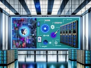 Futuristischer Arbeitsplatz mit großem Split-Screen-Monitor: links realistisches Porträt, rechts kräftiger Cartoon-Stil mit klaren Konturen und satten Farbflächen. Designer und Ingenieure arbeiten zwischen Skizzen, Flowcharts und holografischen UI-Elementen zu Diffusion, Style Transfer und GAN; im Hintergrund blau leuchtende Serverracks und digitale Boards mit WebGPU, API-Pipeline und Brand Presets.