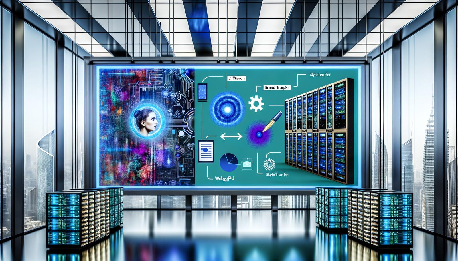 Futuristischer Arbeitsplatz mit großem Split-Screen-Monitor: links realistisches Porträt, rechts kräftiger Cartoon-Stil mit klaren Konturen und satten Farbflächen. Designer und Ingenieure arbeiten zwischen Skizzen, Flowcharts und holografischen UI-Elementen zu Diffusion, Style Transfer und GAN; im Hintergrund blau leuchtende Serverracks und digitale Boards mit WebGPU, API-Pipeline und Brand Presets.