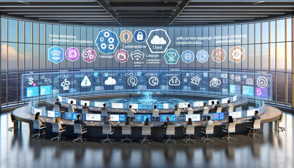 Futuristischer Kontrollraum mit transparenten Screens: vernetzte Microsoft-Interfaces (Azure, Copilot, Dynamics 365, Microsoft Advertising, LinkedIn, Fabric, Power BI), KI-Dashboards und Kampagnen-Workflows; diverse Marketer interagieren mit holografischen Anzeigen, Segment-Charts, Compliance-Hinweisen und Automationen in blau-weiß-silberner Ästhetik.