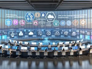 Futuristischer Kontrollraum mit transparenten Screens: vernetzte Microsoft-Interfaces (Azure, Copilot, Dynamics 365, Microsoft Advertising, LinkedIn, Fabric, Power BI), KI-Dashboards und Kampagnen-Workflows; diverse Marketer interagieren mit holografischen Anzeigen, Segment-Charts, Compliance-Hinweisen und Automationen in blau-weiß-silberner Ästhetik.