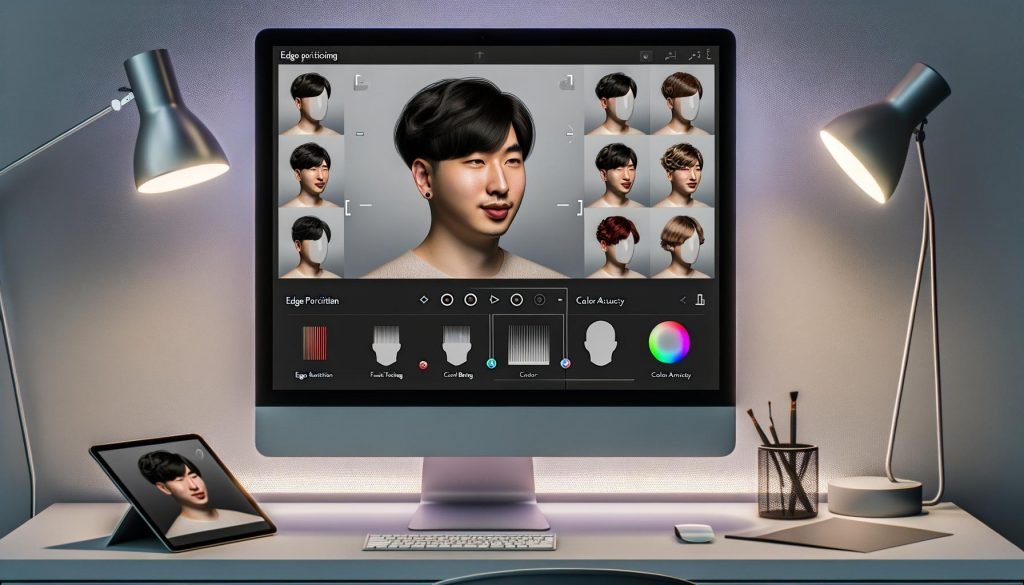Junge Person am modernen Schreibtisch lädt ein Selfie in einen browserbasierten KI‑Frisuren‑Simulator; realistische Frisuren‑Overlays und präzise Regler auf einem hochauflösenden Monitor.