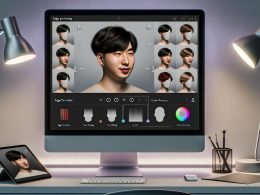 Junge Person am modernen Schreibtisch lädt ein Selfie in einen browserbasierten KI‑Frisuren‑Simulator; realistische Frisuren‑Overlays und präzise Regler auf einem hochauflösenden Monitor.