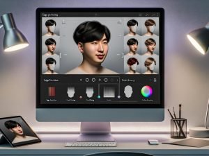Junge Person am modernen Schreibtisch lädt ein Selfie in einen browserbasierten KI‑Frisuren‑Simulator; realistische Frisuren‑Overlays und präzise Regler auf einem hochauflösenden Monitor.