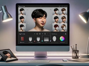 Junge Person am modernen Schreibtisch lädt ein Selfie in einen browserbasierten KI‑Frisuren‑Simulator; realistische Frisuren‑Overlays und präzise Regler auf einem hochauflösenden Monitor.