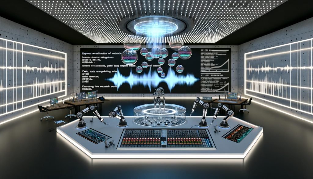 Futuristisches Musikproduktionsstudio mit transparenter KI-Konsole, holografischen Soundwellen, leuchtenden LED-Panels, Roboterarmen und modularen Synthesizern; Datenströme, Code und Arrangements auf mehreren Displays, dynamische Spektrogramme an den Wänden.