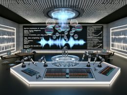 Futuristisches Musikproduktionsstudio mit transparenter KI-Konsole, holografischen Soundwellen, leuchtenden LED-Panels, Roboterarmen und modularen Synthesizern; Datenströme, Code und Arrangements auf mehreren Displays, dynamische Spektrogramme an den Wänden.