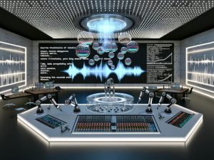 Futuristisches Musikproduktionsstudio mit transparenter KI-Konsole, holografischen Soundwellen, leuchtenden LED-Panels, Roboterarmen und modularen Synthesizern; Datenströme, Code und Arrangements auf mehreren Displays, dynamische Spektrogramme an den Wänden.