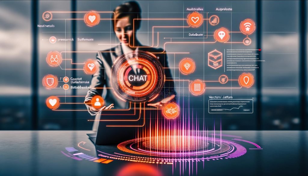 Moderner Hightech-Arbeitsplatz: Business-Profi am Laptop mit der Spicy Chat AI App; lebendige Chat-UI mit Echtzeit-Text, Analytics-Dashboards und Metriken; Grafiken zu KI-Architektur (neuronale Netze, Datenpipelines, Vektor-Datenbank) sowie Sicherheits- und Compliance-Symbole; rote/orange Akzente, Guardrails, Häkchen, Audit-Logs und aufwärts gerichtete ROI-Grafen.