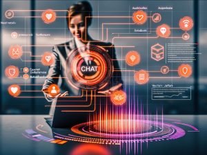 Moderner Hightech-Arbeitsplatz: Business-Profi am Laptop mit der Spicy Chat AI App; lebendige Chat-UI mit Echtzeit-Text, Analytics-Dashboards und Metriken; Grafiken zu KI-Architektur (neuronale Netze, Datenpipelines, Vektor-Datenbank) sowie Sicherheits- und Compliance-Symbole; rote/orange Akzente, Guardrails, Häkchen, Audit-Logs und aufwärts gerichtete ROI-Grafen.