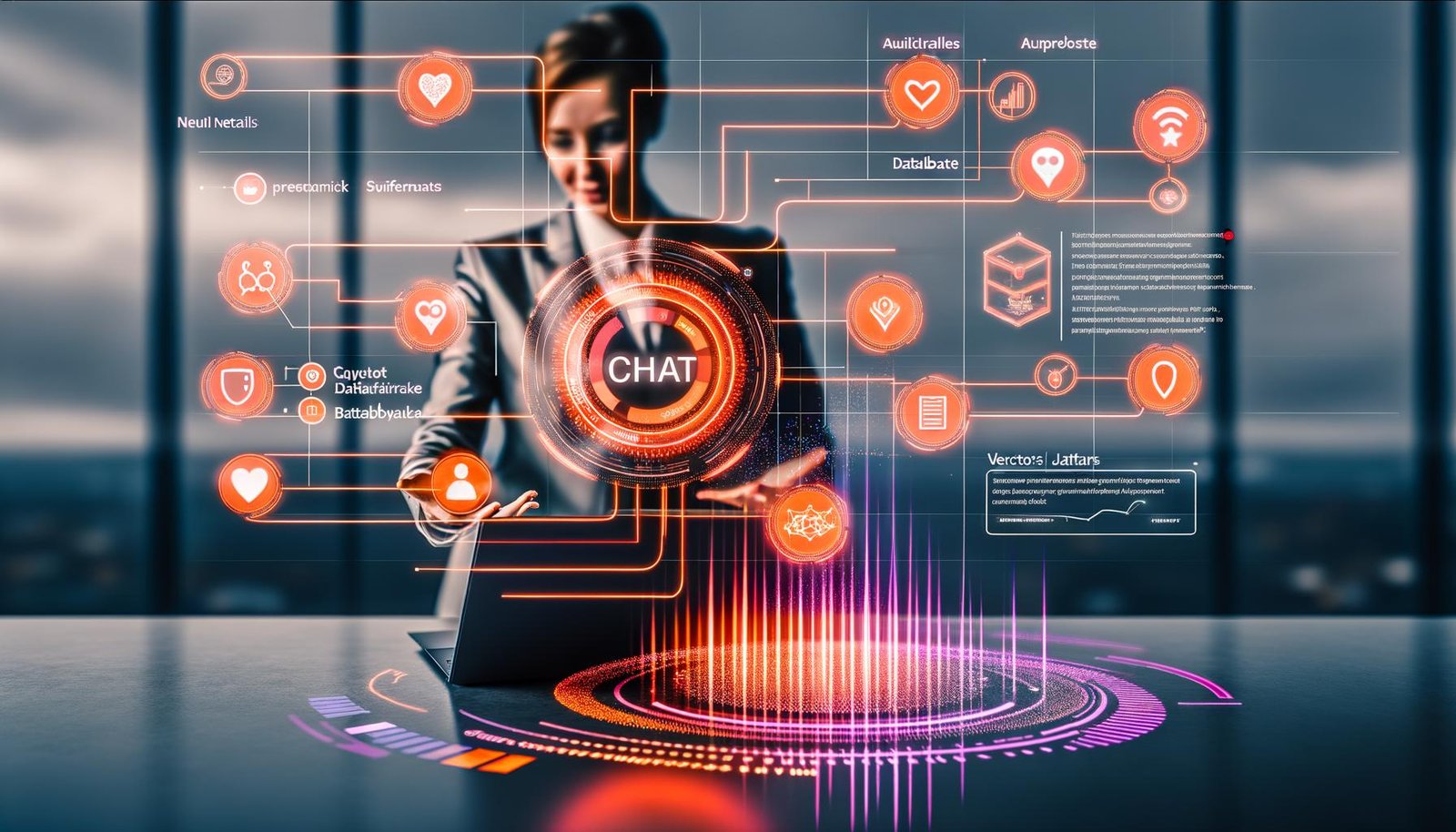 Moderner Hightech-Arbeitsplatz: Business-Profi am Laptop mit der Spicy Chat AI App; lebendige Chat-UI mit Echtzeit-Text, Analytics-Dashboards und Metriken; Grafiken zu KI-Architektur (neuronale Netze, Datenpipelines, Vektor-Datenbank) sowie Sicherheits- und Compliance-Symbole; rote/orange Akzente, Guardrails, Häkchen, Audit-Logs und aufwärts gerichtete ROI-Grafen.