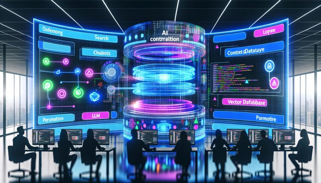 Modernes, dynamisches Web‑KI‑Kontrollzentrum mit holografischen Dashboards, Diagrammen und Code; zentrale Visualisierung von LLM, Vektor‑Datenbank und RAG; Segmente für Onsite‑Suche, Chatbots, Personalisierung und Content‑Automation; diverses Team im Vordergrund; kräftiges Blau mit Neonakzenten.