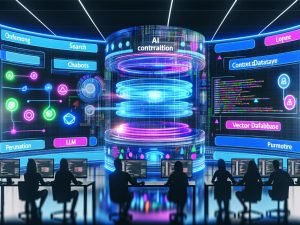 Modernes, dynamisches Web‑KI‑Kontrollzentrum mit holografischen Dashboards, Diagrammen und Code; zentrale Visualisierung von LLM, Vektor‑Datenbank und RAG; Segmente für Onsite‑Suche, Chatbots, Personalisierung und Content‑Automation; diverses Team im Vordergrund; kräftiges Blau mit Neonakzenten.