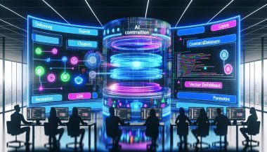 Modernes, dynamisches Web‑KI‑Kontrollzentrum mit holografischen Dashboards, Diagrammen und Code; zentrale Visualisierung von LLM, Vektor‑Datenbank und RAG; Segmente für Onsite‑Suche, Chatbots, Personalisierung und Content‑Automation; diverses Team im Vordergrund; kräftiges Blau mit Neonakzenten.