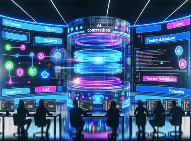 Modernes, dynamisches Web‑KI‑Kontrollzentrum mit holografischen Dashboards, Diagrammen und Code; zentrale Visualisierung von LLM, Vektor‑Datenbank und RAG; Segmente für Onsite‑Suche, Chatbots, Personalisierung und Content‑Automation; diverses Team im Vordergrund; kräftiges Blau mit Neonakzenten.