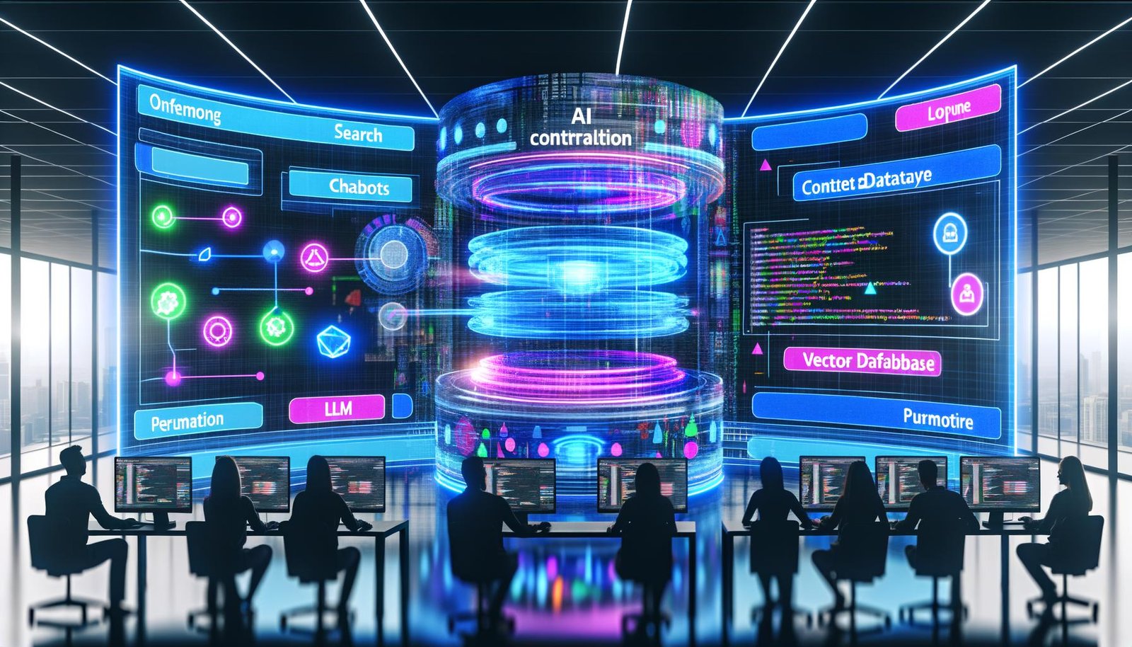 Modernes, dynamisches Web‑KI‑Kontrollzentrum mit holografischen Dashboards, Diagrammen und Code; zentrale Visualisierung von LLM, Vektor‑Datenbank und RAG; Segmente für Onsite‑Suche, Chatbots, Personalisierung und Content‑Automation; diverses Team im Vordergrund; kräftiges Blau mit Neonakzenten.