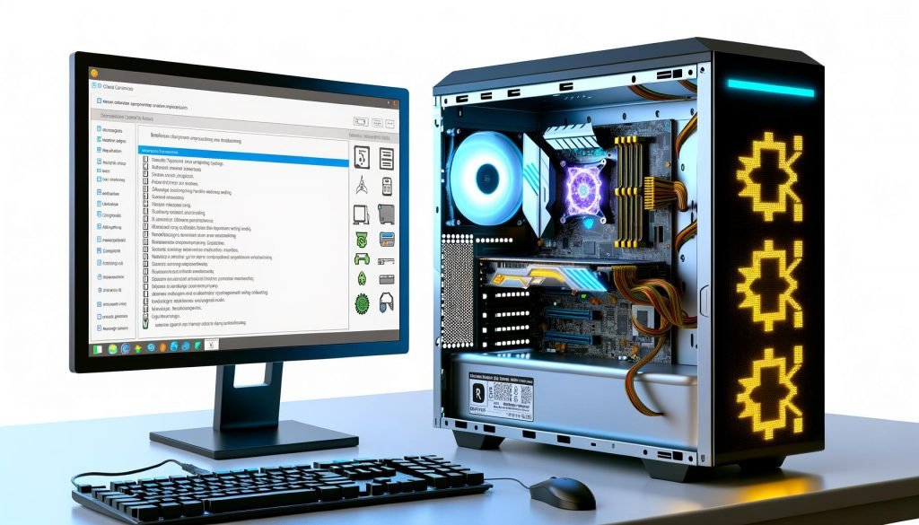 Geöffneter Desktop-PC auf Werkbank mit hochwertigem ASUS‑Mainboard, leuchtenden Onboard‑LEDs, sichtbaren VRMs und sauber verlegten Kabeln; Monitor zeigt Windows 11 mit AI Suite 3 (Lüfterkurven, Spannungen, Sensor‑Telemetrie, Performance‑Profile); digitale Checkliste mit Official Download, Signature Check und Module Selection.