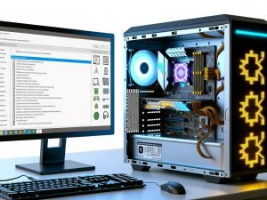 Geöffneter Desktop-PC auf Werkbank mit hochwertigem ASUS‑Mainboard, leuchtenden Onboard‑LEDs, sichtbaren VRMs und sauber verlegten Kabeln; Monitor zeigt Windows 11 mit AI Suite 3 (Lüfterkurven, Spannungen, Sensor‑Telemetrie, Performance‑Profile); digitale Checkliste mit Official Download, Signature Check und Module Selection.