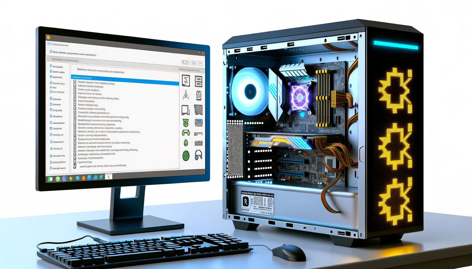 Geöffneter Desktop-PC auf Werkbank mit hochwertigem ASUS‑Mainboard, leuchtenden Onboard‑LEDs, sichtbaren VRMs und sauber verlegten Kabeln; Monitor zeigt Windows 11 mit AI Suite 3 (Lüfterkurven, Spannungen, Sensor‑Telemetrie, Performance‑Profile); digitale Checkliste mit Official Download, Signature Check und Module Selection.
