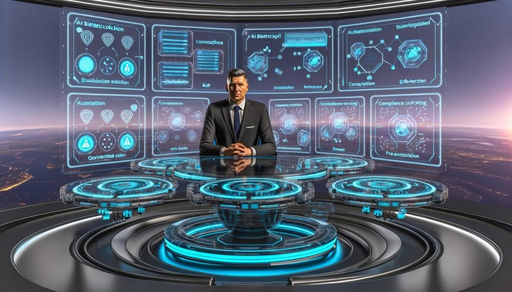 Futuristisches Command Center mit „AI Bietercockpit“: Einkaufsmanager am transparenten Schreibtisch, umgeben von holografischen Dashboards für Auktionen, Compliance, Mehrkriterien-Scoring, ERP-/Lieferanten-Integration, verschlüsselte Datenströme, Echtzeit-Analysen, Spieltheorie, Anomalieerkennung, Multi-Lot-Auktionen sowie Symbole für Fairness, Governance, Datenschutz und Audit-Trails.