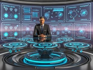 Futuristisches Command Center mit „AI Bietercockpit“: Einkaufsmanager am transparenten Schreibtisch, umgeben von holografischen Dashboards für Auktionen, Compliance, Mehrkriterien-Scoring, ERP-/Lieferanten-Integration, verschlüsselte Datenströme, Echtzeit-Analysen, Spieltheorie, Anomalieerkennung, Multi-Lot-Auktionen sowie Symbole für Fairness, Governance, Datenschutz und Audit-Trails.