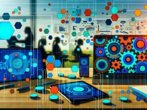 Schreibtisch mit Laptop, Tablet und Smartphone, deren Bildschirme futuristische, einheitliche Designs zeigen; schwebende generative Bilder, Pipeline‑Symbole und Prompts; im Hintergrund diskutierendes Team vor Whiteboard.