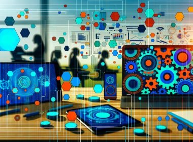 Schreibtisch mit Laptop, Tablet und Smartphone, deren Bildschirme futuristische, einheitliche Designs zeigen; schwebende generative Bilder, Pipeline‑Symbole und Prompts; im Hintergrund diskutierendes Team vor Whiteboard.