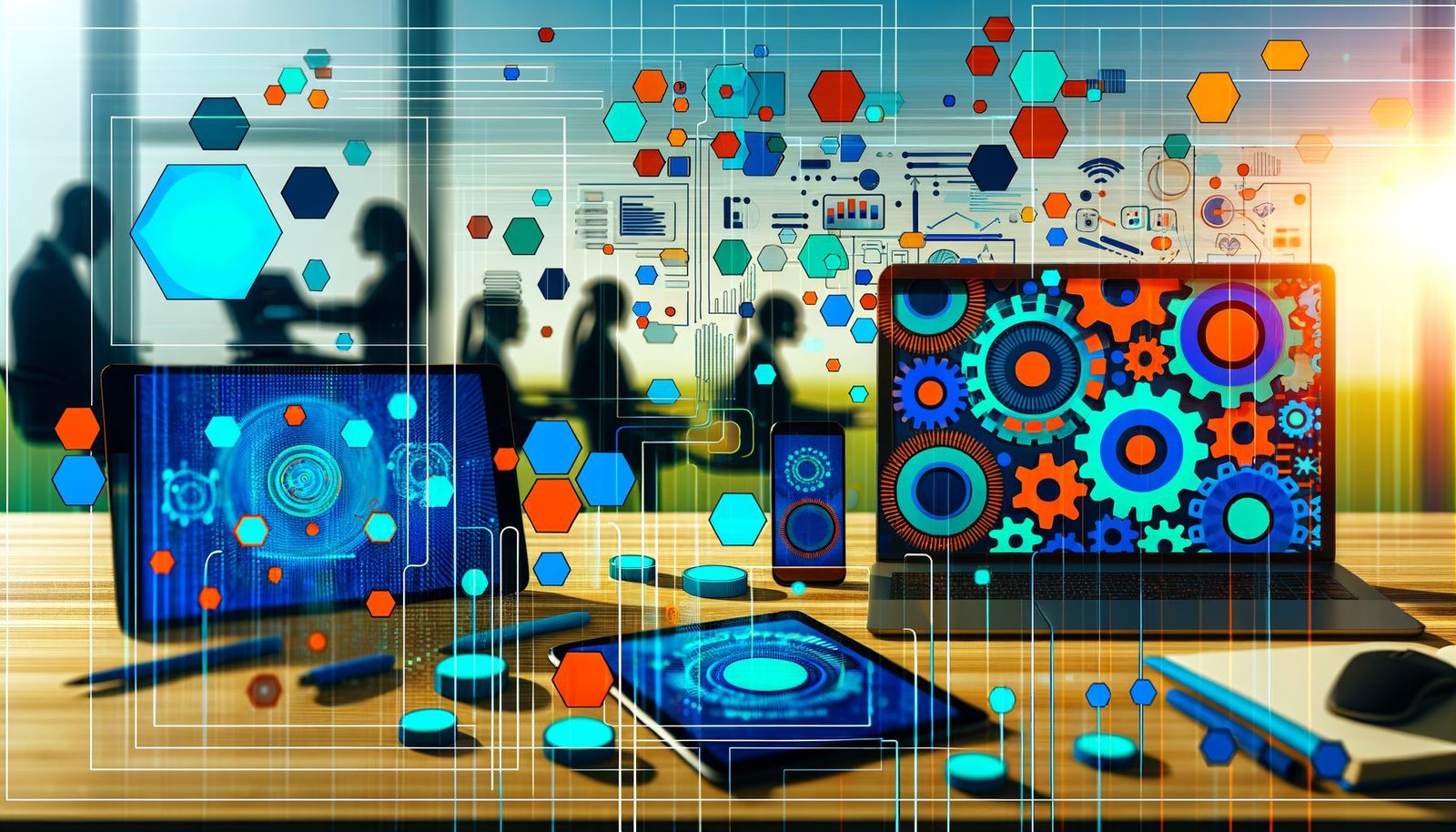 Schreibtisch mit Laptop, Tablet und Smartphone, deren Bildschirme futuristische, einheitliche Designs zeigen; schwebende generative Bilder, Pipeline‑Symbole und Prompts; im Hintergrund diskutierendes Team vor Whiteboard.