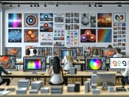 Team in modernem Kreativstudio an farbkalibrierten Monitoren; diverse KI-Bilder auf den Screens mit Overlays zu Diffusion, neuronalen Netzen und Token-Flows; Wandvergleich Stock vs. Produktion.